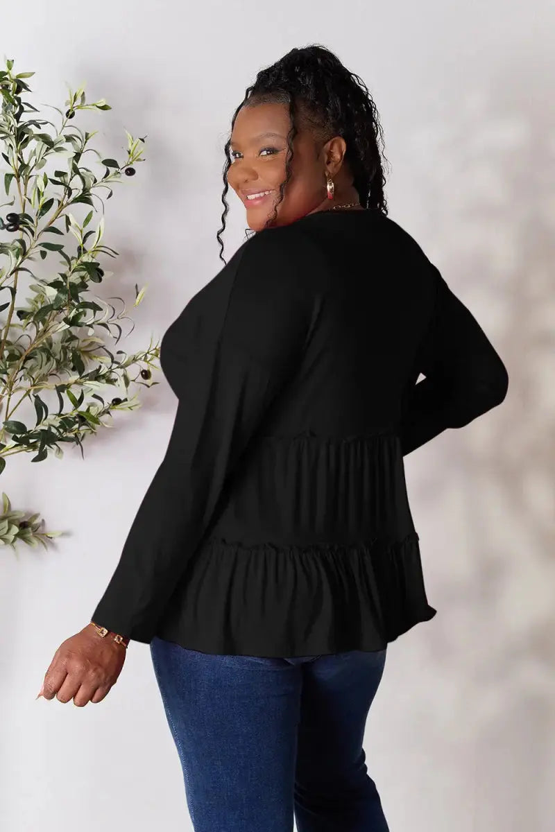 Double Take Half Button Long Sleeve Ruffle Hem Blouse - Love Salve